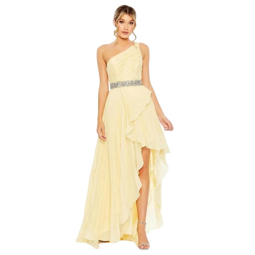 Mac Duggal 49532 Yellow One Shoulder Ruffle High Low Gown Size 8 $398
